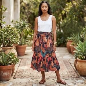 Rachel Zoe Cheetah Tropical Floral Tiered Midi Skirt Sz Small Med Boho Safari